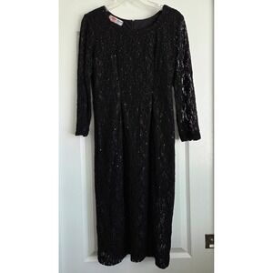 Vintage Paris Tailor Black Lace Sequin Embellished Long Sleeve Midi Dress Sz‎ M